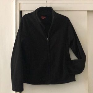 Ladies black fleece zip front jacket with pockets